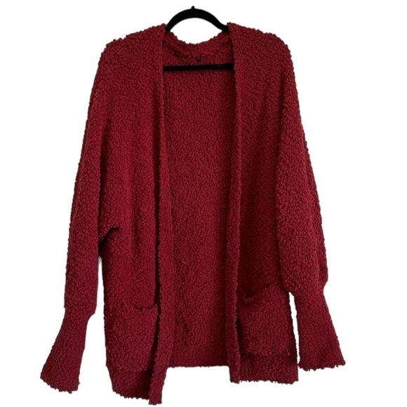 Super cozy crimson red fuzzy open front cardigan with pockets size XL - Picture 1 of 9